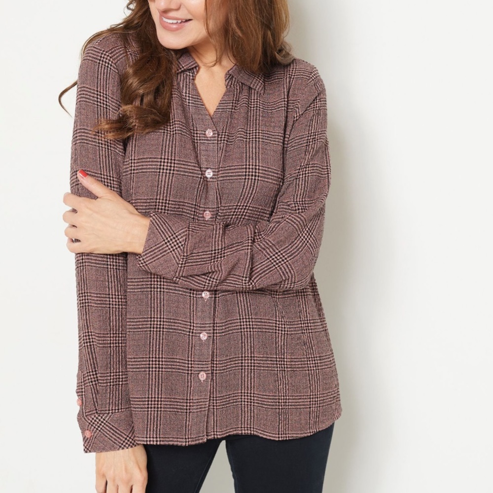 NWOT Denim & Co. Plaid Y-Neck Collared Long -Sleeve Shirt Antique Rose, LARGE